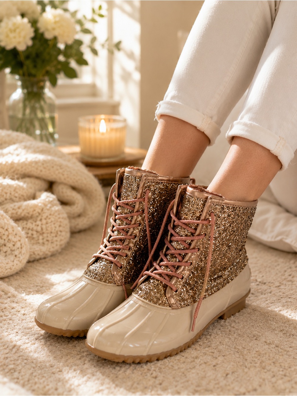 Sugar Women's Glitter Lace-Up Duck Boots in Rose Gold and Cream